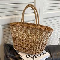 Sac fourre-tout en paille à cordon de serrage pour femme - Sac de plage tissé bohème, design unique avec cordon de serrage, doublure en polyester, capacité compacte