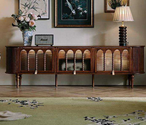 Meuble TV de salon en bois massif, style rétro mi-siècle, avec portes à panneaux surélevés et centre de divertissement à rabat - Product Image 4