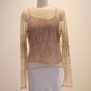 <span class=keywords><strong>Haut</strong></span> en maille transparente à col rond et manches longues <span class=keywords><strong>avec</strong></span> strass pour femme, 100 % polyester, couleur nude, effet scintillant, chemisier transparent à superposer - Product Image 4