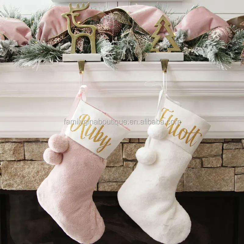 Meias de papai noel enfeite de decoração personalizada, meias rosa de pelúcia