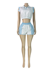 HR26026 Conjunto de Moda Feminina com Top Cropped Listrado e Estampado com Zíper e Shorts, Conjunto de Duas Peças para o Verão, Roupa de Rua Feminina - Product Image 6