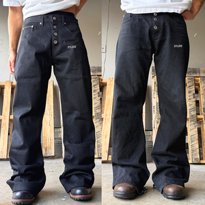 Jean en denim indigo bleu pour homme, coupe baggy à jambe large, en selvedge japonais, personnalisé, épais, lavable, de haute qualité, effet empilé - Product Image 2