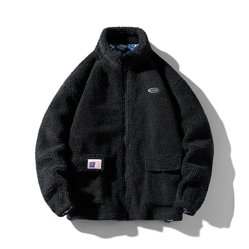 Cordeiro de lã de inverno para homens, design personalizado do oem, quente, shaggy, logotipo personalizado, casaco de lã