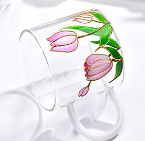 Taza de Vidrio para <span class=keywords><strong>Leche</strong></span> y Café con Diseño de Tulipanes Pintados a Mano, de Alta Calidad, Moderna, de Lujo Ligero, con Logotipo Personalizable, para Hogar, Restaurante y Hotel - Product Image 3