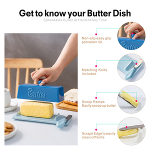 Beurrier en céramique émaillée bleue avec couteau - Récipient à beurre bicolore pour la cuisine à domicile - Product Image 4