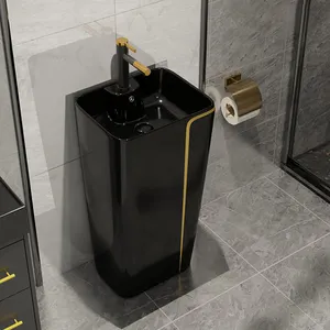 Lavabo cuadrado de cerámica para baño, lavabo moderno de Color negro con Pedestal, línea dorada, tamaño grande