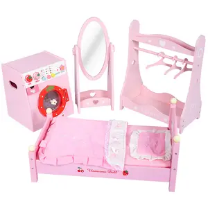 18 Zoll Puppen möbel Set Mini Holzpuppe Kleider schrank Puppen bett Ganzkörper spiegel Waschmaschine