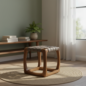 Modern Eco-Friendly Solid Teak Wood Handmade <b>Storage</b> Foot <b>Stool</b> with Woven Leather Seat for Bedroom & Hotel Use - Product Image 5