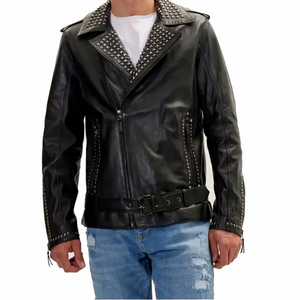 Mens Real Black Leather <b>Jacket</b> Studded Lapel Belted Waist Sheepskin Biker Coat Metal Spikes <b>Punk</b> Custom Heavy Winter Outerwear - Product Image 1