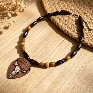 Collar de cuentas de madera de estilo occidental con colgante de madera con estampado floral de calavera de toro, adorno de cuello vintage para mujer estilo vaquera - Product Image 4