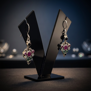 Boucles d'oreilles pendantes en argent 925 avec rubis, turquoise et pierres précieuses multicolores taille coussin, faites à la main, géométriques, d'inspiration vintage, sécurisées, cadeau pour elle - Product Image 4