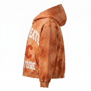 Hoodie zippé unisexe en coton éponge brodé de strass, lavage vintage, style streetwear, référence 6722 OEM/ODM - Product Image 2