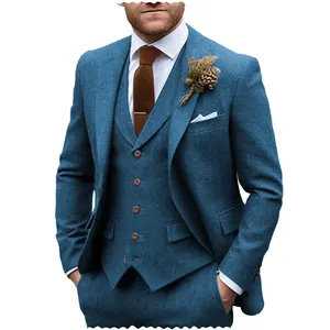 Классические синие мужские костюмы облегающие 3 шт. смокинги твидовая куртка в елочку + жилет + брюки для свадебных женихов
