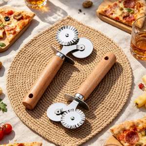 Two-Wheeled Wholesale Wood Stainless Steel Wheel Cheese Slicer Cutter With Wooden Handle Pizza Pastry <b>Roller</b> Knife - Product Image 1