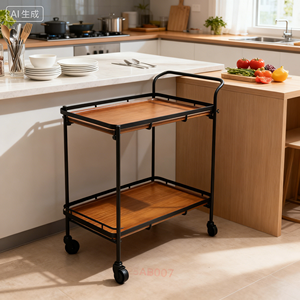 Hoogwaardige opvouwbare houten en ijzeren zwarte hotelserveerwagen met 4 wielen voor eten, snacks en ziekenhuisgebruik - Product Image 3