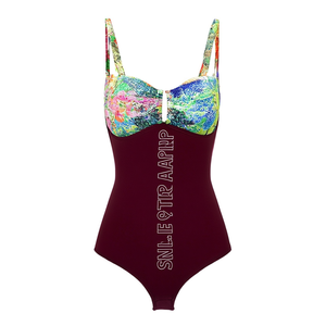 Costume da bagno intero HDJ con controllo pancia, stampa floreale, fascia a fascia, da donna, taglie 42, 44, 46, 48, rosso vino - Product Image 1