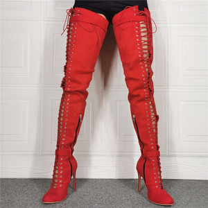 Bottes hautes sexy pour femmes, bottes d'hiver au-dessus du genou, rouge vif, à lacets, bottes longues jusqu'à la cuisse, taille personnalisée, grande taille 47 - Product Image 1
