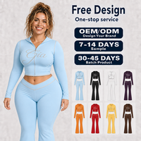 Set Wanita Dua Potong Hoodie Zip Up Celana Flare Crop Tracksuit Pakaian Olahraga Kustom Grosir