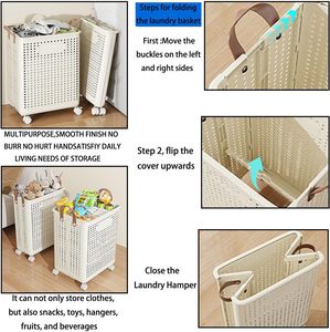High Quality Strong Durable Plastic Mesh Clothes Basket Laundry <b>Hamper</b> Basket for Home Storage Use with Wheel - Product Image 4