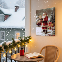 Décoration Murale Vintage « Liste du Père Noël et Traîneau avec Cadeaux », Village de Noël Enneigé, Toile Encadrée Style Ferme pour Décoration de Fêtes