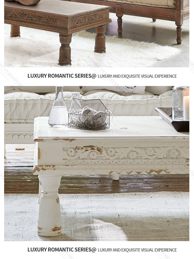 New French country coffee table white retro style dilapidated solid wood birch carved long coffee table