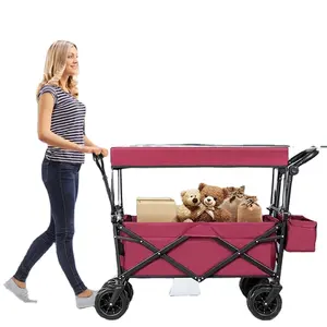Outdoor Folding Utility Garden Shopping Canopy Wagon Carts with Removable Canopy and adjustable Push Pulling Handles
