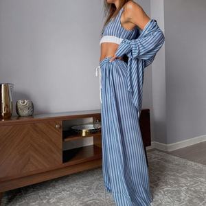 Oferta de Otoño: Conjunto de Tres Piezas de Lino a Rayas para Otoño, Camisa Informal y Modesta, Top Corto Deportivo y Pantalones de Cintura Alta - Product Image 2