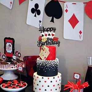 Décoration de gâteau d'anniversaire de <span class=keywords><strong>casino</strong></span> avec paillettes noires et rouges, jeu de poker, décorations de gâteau pour fête d'anniversaire à Las Vegas - Product Image 5