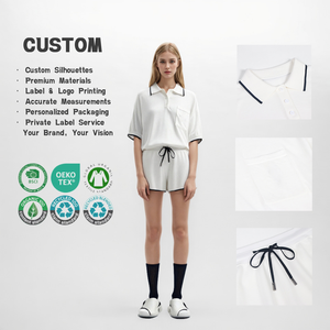 Wholesale Custom Women's White <b>Knit</b> <b>Set</b>, Lapel Short Sleeve Polo Top & Shorts, Ladies Casual Summer 2 Piece Outfit - Product Image 1