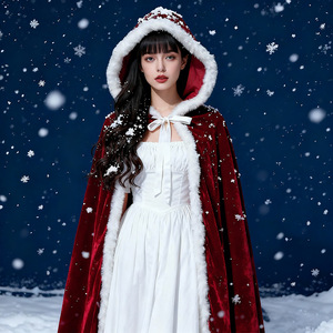 Cape de Père Noël en velours rouge à capuche avec bordure en fourrure blanche, style long, veste d'hiver pour femme adulte, rembourrée en polyester - Product Image 2
