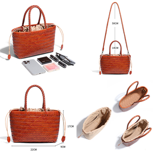 Sac à main souple en raphia tressé avec bandoulière en cuir véritable, sacs de créateur tissés pour <span class=keywords><strong>femme</strong></span>, en cuir de vachette <span class=keywords><strong>noir</strong></span>, grande capacité - Product Image 2