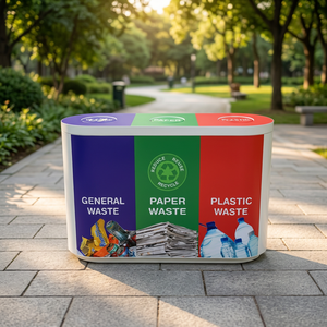 Poubelle de tri des déchets à trois compartiments en plastique pour l'intérieur et l'extérieur avec couvercles, style simple - Product Image 1