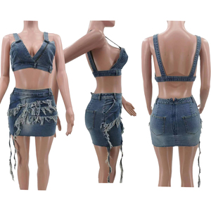 Summer <strong>Stretch</strong> <strong>Denim</strong> Two Pieces <strong>Skirt</strong> Set With v Neck <strong>Denim</strong> Top and Mini <strong>Denim</strong> <strong>Skirt</strong> - Product Image 6