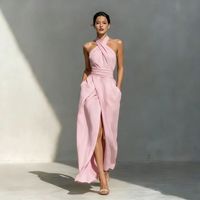 Robe longue élégante et sexy à col halter, décontractée, sans manches, fendue, pour femme - Collection été