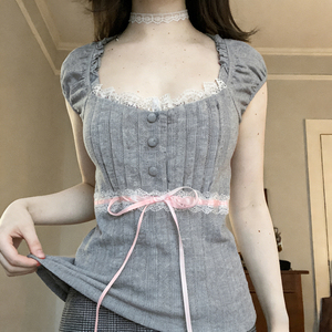 Cute Girl Lace Tie-Up Short Sleeve T-Shirt Women Summer Eco-Friendly Breathable V-Neck Lace Trim Button Front Casual Office Base - Product Image 1