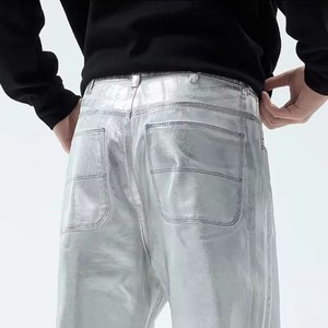 Jeans en denim décontractés pour hommes, coupe droite, argentés, grande taille, style hip-hop streetwear - Product Image 6