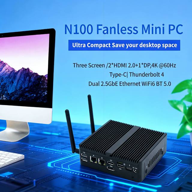 Mini Industrial PC N100 Processor up 3.4GHz Dual LAN 2 COM RS485 Dual HD 1DP Triple Display Digital Signage Stock Aluminum Case