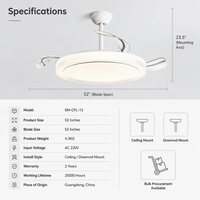 Ventilateur de plafond moderne en fer invisible avec lumière LED, lustre à 4 pales, lampe circulatrice d'air ronde pour salon et chambre à coucher