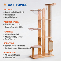 Arbre à chat en bois massif de 183 cm, multi-niveaux, avec capsule spatiale, tour d'escalade, hamac écologique et condo pour chats d'intérieur