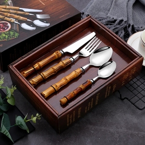 Dao muỗng nĩa món tráng miệng ngã ba muỗng cà phê <span class=keywords><strong>Flatware</strong></span> <span class=keywords><strong>Set</strong></span> tinh khiết tự nhiên thép không gỉ thiết lập dao kéo với tre xử lý - Product Image 4