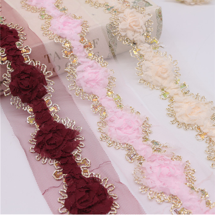 Width 6 cm Colorful Chiffon Mesh net flower sequins 3 d lace ribbon bar code for wedding dress head wear collar sleeve accessory