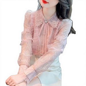 Blusa Elegante de Encaje para Mujer, Diseño Sólido, Manga Larga, Cuello Camisero, Botones al Frente, para Uso Diario en Otoño - Product Image 3