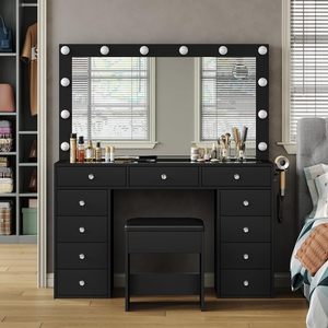 Tocador de MDF con Espejo e Iluminación, <span class=keywords><strong>Mesa</strong></span> de <span class=keywords><strong>Maquillaje</strong></span> <span class=keywords><strong>Profesional</strong></span>, Tocador para Salón de Belleza y Uñas - Product Image 4