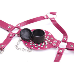 Adult product, fuchsia erotic leather <b>gag</b>, harness, capped <b>gag</b>, multi-studded restraint <b>gag</b>, SM restraint <b>gag</b> <b>ring</b> - Product Image 5