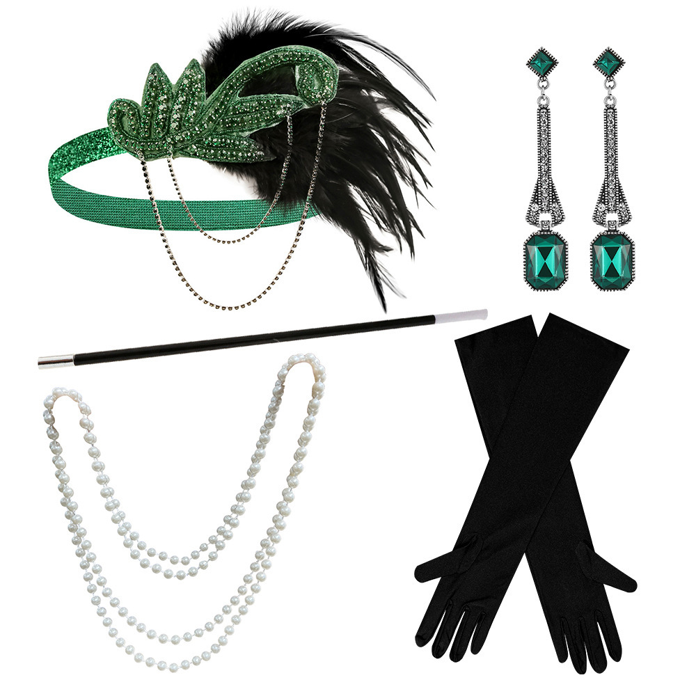 Green headdress necklace,cigarette holder, black gloves,earring