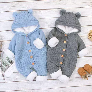 Custom Logo Design Winter Baby Hooded Knitted Rompers Newborn Girls Boys Warm knit Sweater Jumpsuit New Born Baby Clothing Set