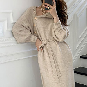 <span class=keywords><strong>Robe</strong></span> Longue <span class=keywords><strong>Pull</strong></span> Tricoté Décontracté d'Hiver pour Femme à Col Roulé et Logo Frontal - Product Image 2