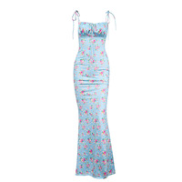 Gaun Panjang Wanita Bahan Crepe Bernapas, Model Halter Vintage Berenda Floral, High Waist Tanpa Lengan, Potongan Depan, Tali Serut, Slim Fit, Musim Semi