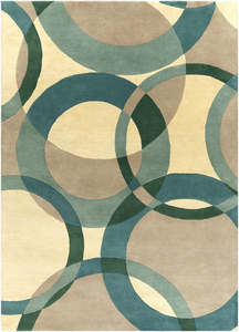 Tapis élégant en laine de Nouvelle-Zélande tufté à la main avec un motif circulaire croisé bleu sarcelle et beige pour salon, chambre et hôtels - Product Image 6