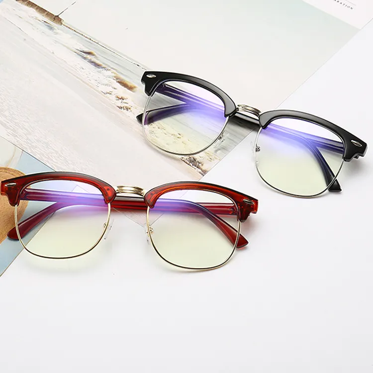 Wholesale Retro Rivet Half-frame Flat Mirror Men Designer Eyewear Frame Trend Women Blue Light Blocking Glasses